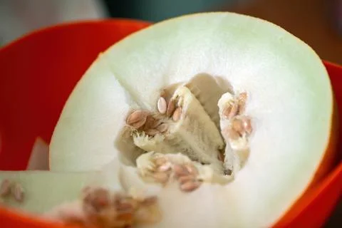 Close-up of a ripe melon cut in half reveals its vibrant orange flesh and g.. Stock Photos