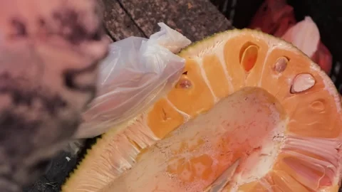 Close-up of Ripe Red-Fleshed Jackfruit Cut Open to Reveal Juicy Vibrant Orange P Stock Footage 345635962