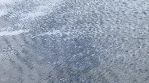 Close-up of rippling blue water surface with soft cloud reflections, gentle Stock Footage 341422196