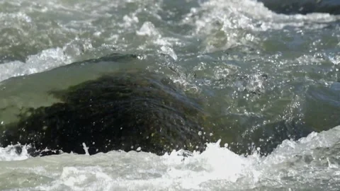 Close up of river water flowing over rocks Stock Footage 280390492