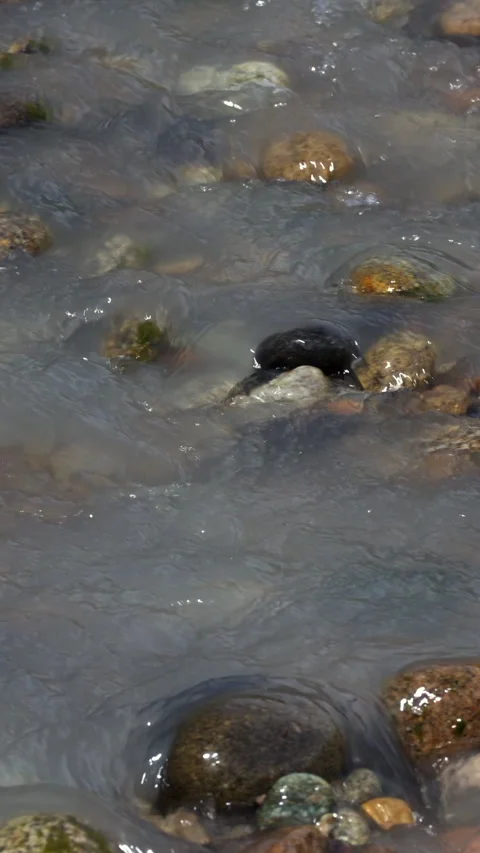 Close Up Of River Water Flowing Over Smooth Stones. Camera Pans From Right To Le Video stock 314671820