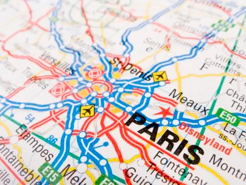Close up of a road map of paris. Stock Photos
