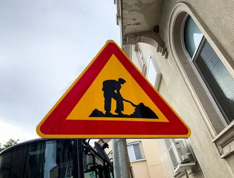 Close up road sign denoting construction site.  Stock Photos