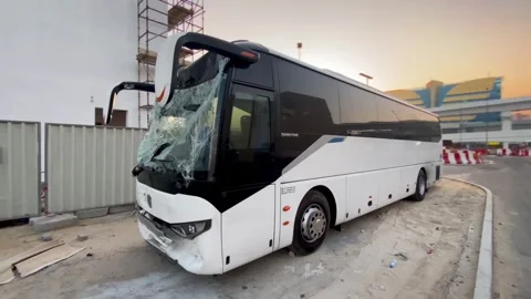 Close up of road traffic accident between two busses Vidéo 304260781