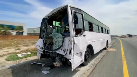 Close up of road traffic accident between two busses 스톡 동영상 304260811
