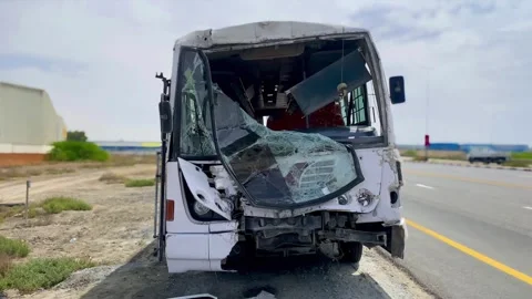 Close up of road traffic accident between two busses 스톡 동영상 304260831