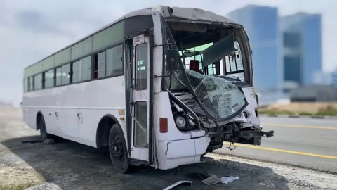Close up of road traffic accident between two busses 스톡 동영상 304260843