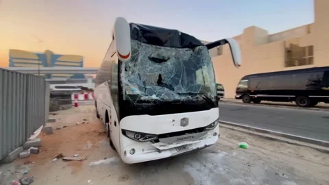Close up of road traffic accident between two busses 스톡 동영상 304420033