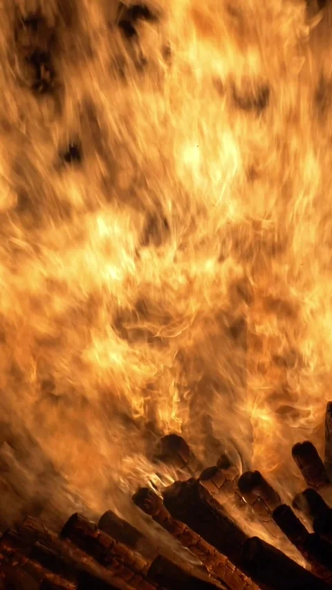 A close-up of roaring fire consuming wooden logs with vivid intensity. Vertical Stock Footage 305746446