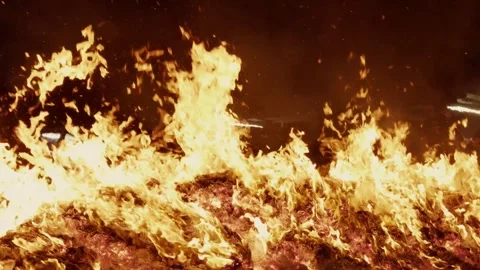 Close-Up of Roaring Flames Consuming Street Offerings Vídeo Stock 345994551
