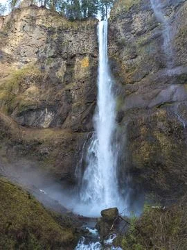 Close-up of the roaring Multnomah Falls from the Multnomah Creek Bridge on .. Stock Photos