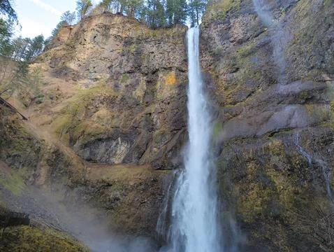 Close-up of the roaring Multnomah Falls from the Multnomah Creek Bridge on .. Stock Photos