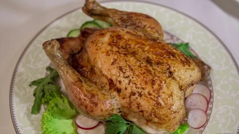 Close up of roasted chicken moving from left to right/ Christmas and new year's Stock Footage 71001853