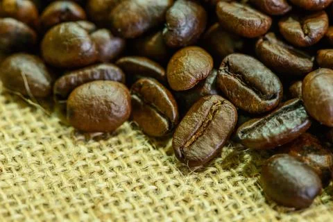 Close up of  roasted coffee bean on sack. Stock Photos