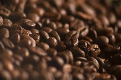Close up Roasted coffee beans with copy space. macro. Fresh coffee grains wal Stock Photos