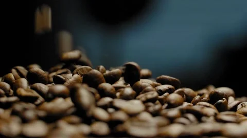 Close-up of roasted coffee beans falling down against a black background. Stock Footage 295673347