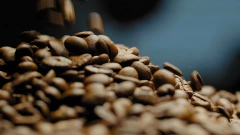 Close-up of roasted coffee beans falling down against a black background. Video stock 295673706