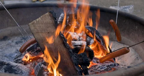 Close Up Roasting Hot Dogs on Fire Stock Footage 165246062