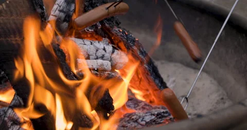 Close Up Roasting Hot Dogs on Fire Stock-Footage 165246069