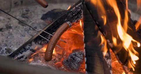Close Up Roasting Hot Dogs on Fire Stock Footage 165246156