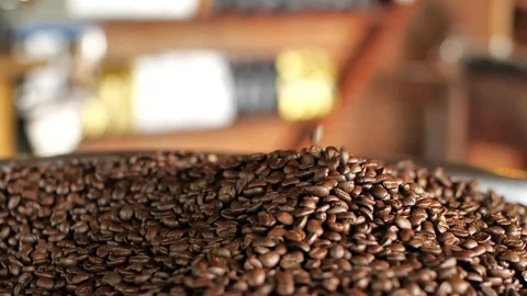 Close up Roasting machine Roasting coffee beans Stock Footage 128020633