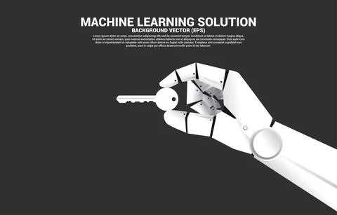 Close up robot hand hold the key. Concept for a.i. solution and key success Stock Illustration