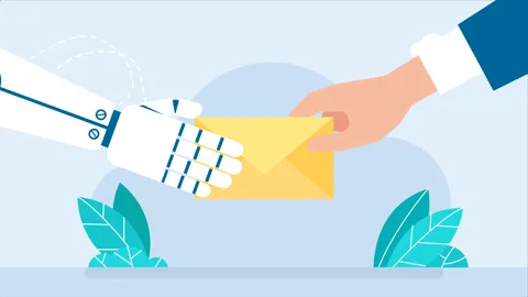 Close-up of robot hand, man, mail. Robot delivering mail to client. Email sents Stock Footage 252180718