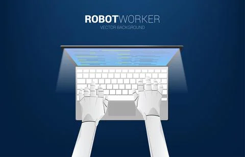Close up robot hand typing keyboard on notebook. Concept for machine learning Stock Illustration