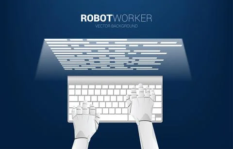 Close up robot hand typing keyboard coding. Concept for machine learning and  Illustrazione stock