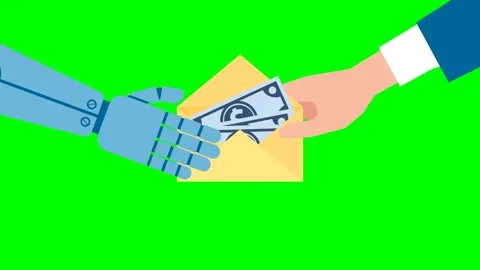 Close-up of a robot handing an envelope with money to businessman. Robot hands Video stock 276066449
