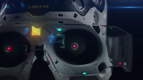 Close-up of a robot head in augmented reality glasses, a neural network train Stock Footage 236063114