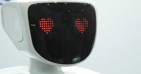 Close up of robot head. Science robots. Mechanical technology. Robotic head Stock Footage 76937277