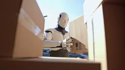 Close up of robot putting parcel box to a van. Cyborg courier delivering parcel Stock Footage 166175105
