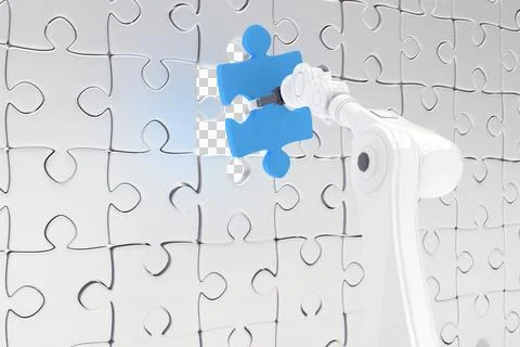 Close up of robotic arm putting blue jigsaw piece on puzzle 스톡 일러스트