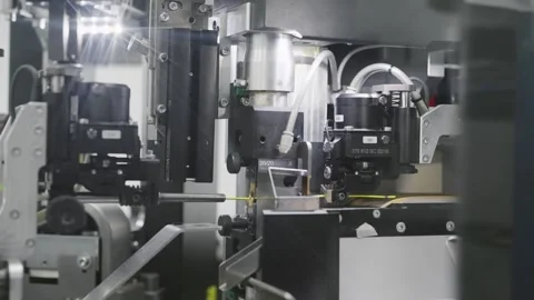 Close-up of robotic automatic crimp modern machinery in a cable production pl Stock Footage 331891449