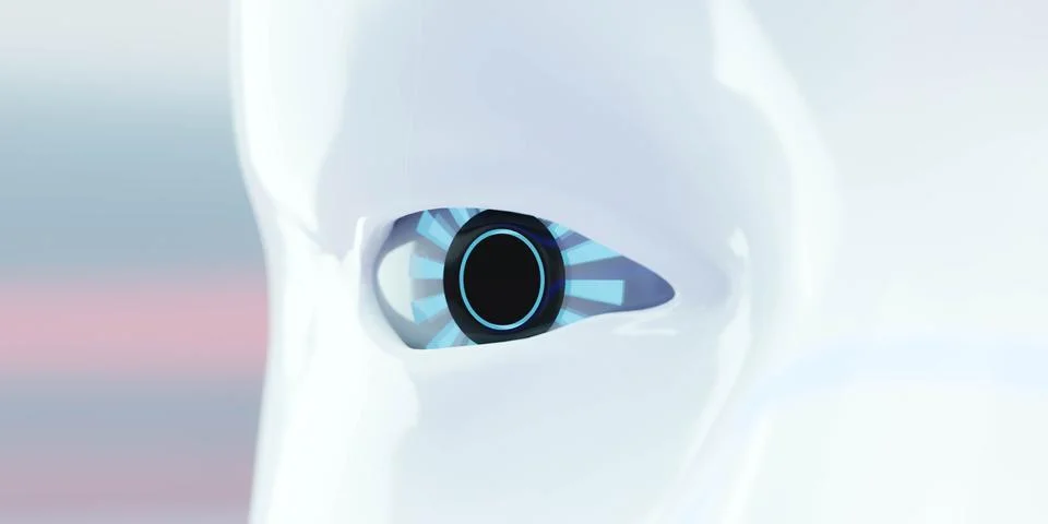 Close-up on a robotic eye 3d rendering digital illustration. modern futuristic Stock Illustration