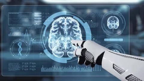 Close up of robotic hand pointing and tapping at brain hologram. Salubrious. Stock Footage 310746456