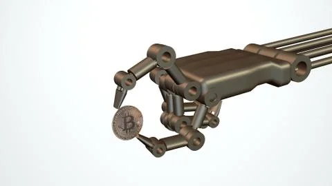 Close-up Of Robotic Hand Showing Bitcoin Coin. 3D Rendering Stock Illustration