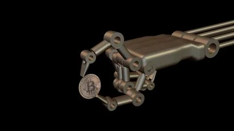 Close-up Of Robotic Hand Showing Bitcoin Coin. 3D Rendering Stock Illustration