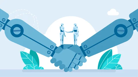 Close-up of robotic hands. Handshake between robots. Handshake two robots. Stock Footage 320836310