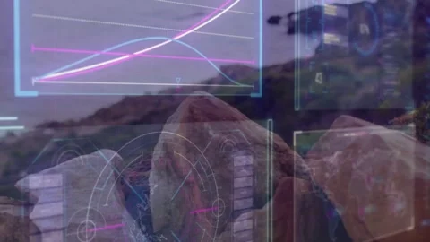 Close rock cluster causing camera pullback, HUD staying visible, bird crossing Stock-Footage 333494564