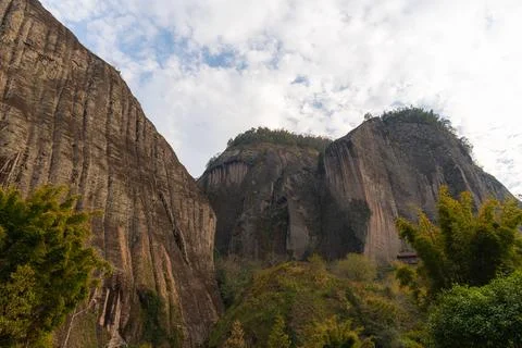 Close up on Rock formations lining the nine bend river in Wuyishan, China Stock Photos