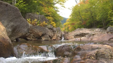 CLOSE UP: Rocky mountain stream cascading over mossy stones in autumn forest Stock Footage 80692025