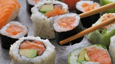 Close-up of rolls and sushi Video stock 243668478