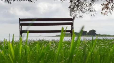 Close-up romantic park bench in front of sea and island Stock Footage 68345703