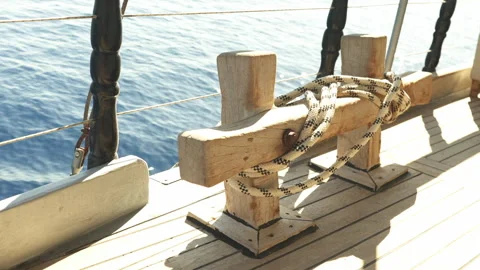 Close-Up of Ropes and Tackle in the Rigging of a Modern Touring Yacht Stock Footage 286852360