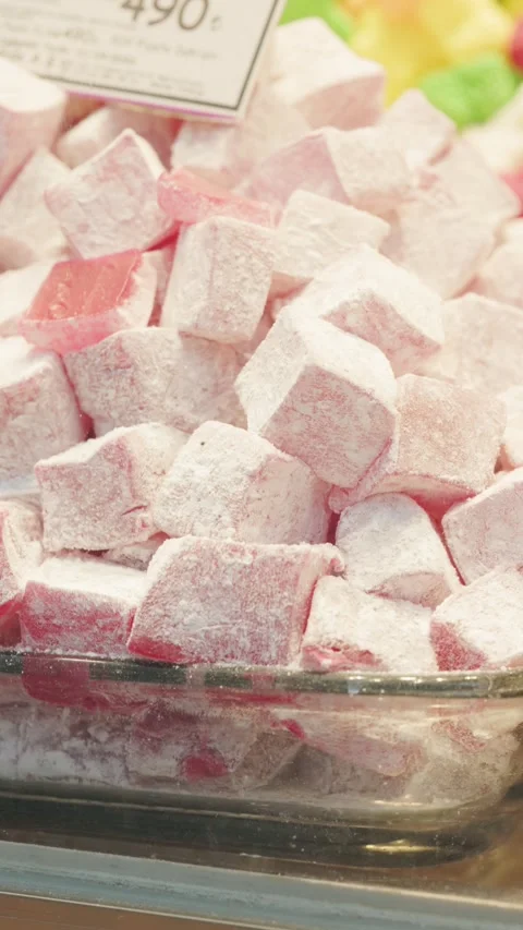 Close-Up of Rose Turkish Delights in a Copper Bowl Stock Footage 324964654