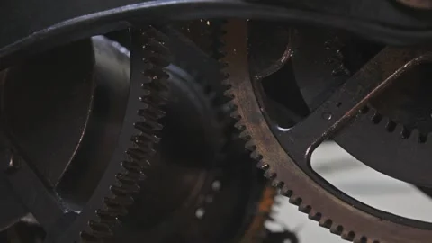 Close-Up of Rotating Antique Metal Clockwork Gears and Cogwheels 스톡 동영상 345749165