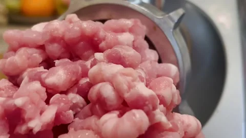 Close-up of rotating blades and meat texture Stock Footage 308966851
