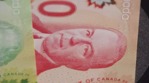 Close-Up Rotating Canadian Banknotes On Table - Cash Flow Theme Stock Footage 309678203
